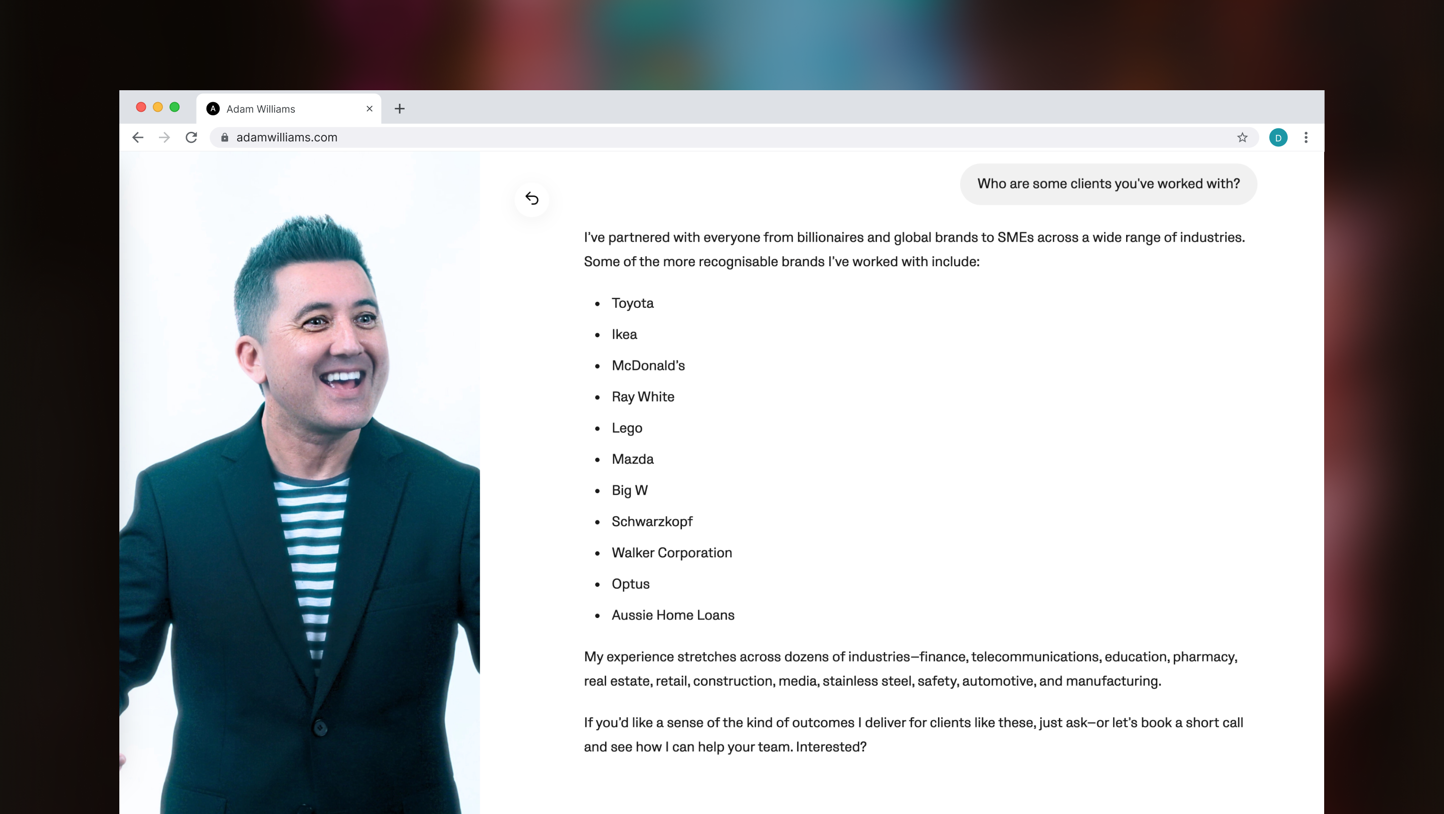 Adam Williams redesigned site featuring AI assistant
