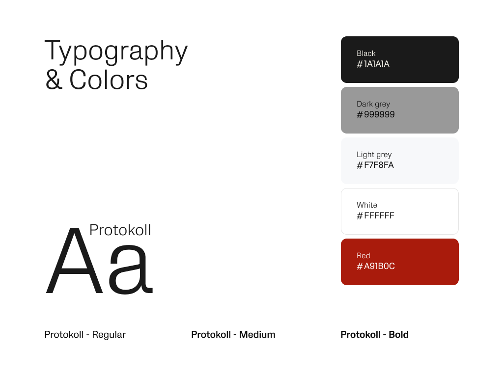 Design system components showing typography, colors, and UI elements