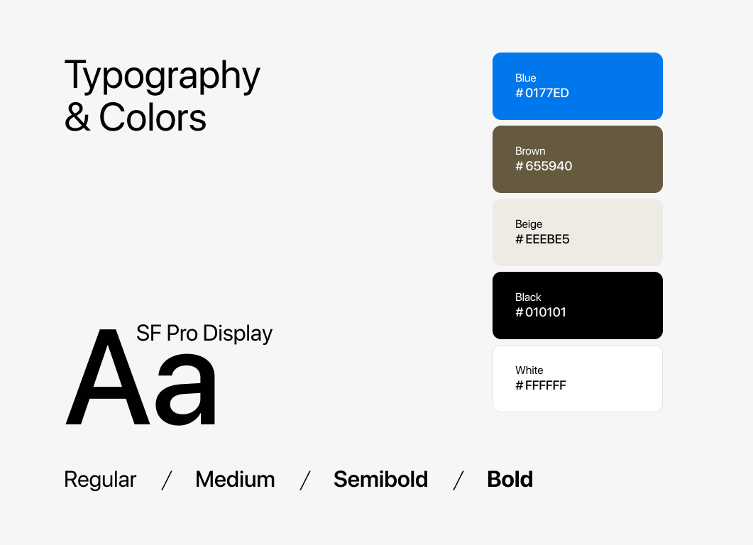Design system components showing typography, colors, and UI elements