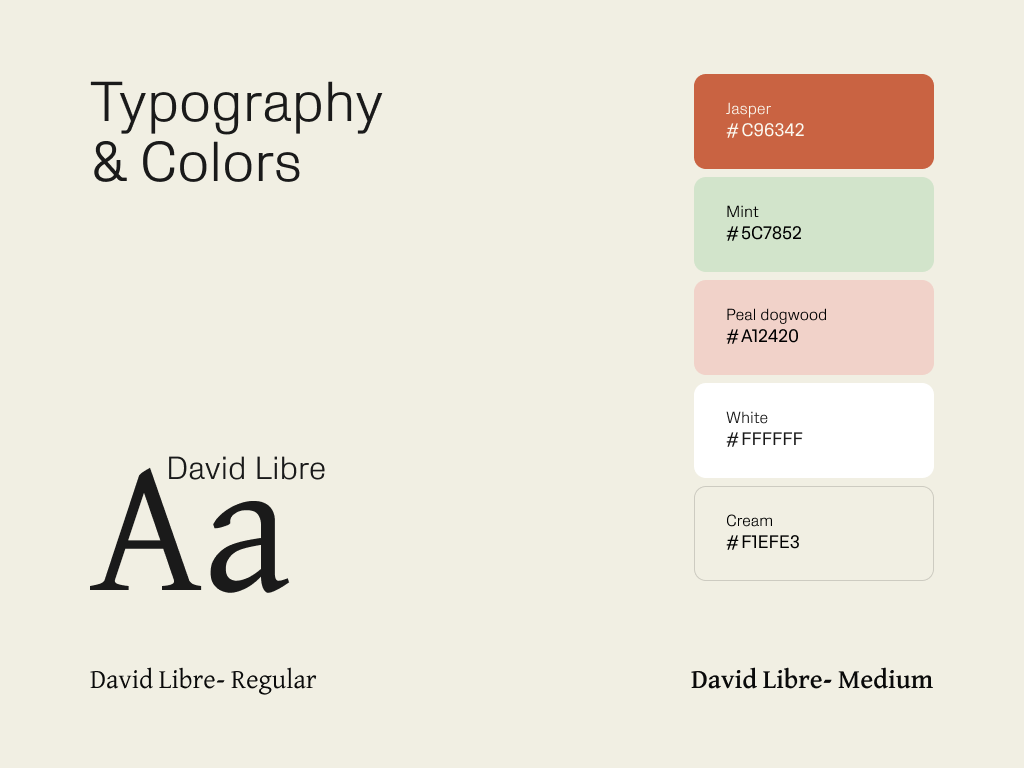 Design system components showing typography, colors, and UI elements