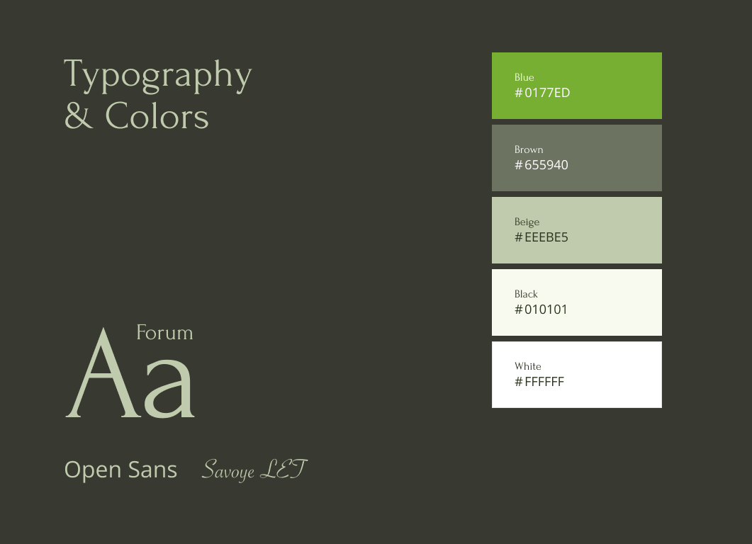 Design system components showing typography, colors, and UI elements