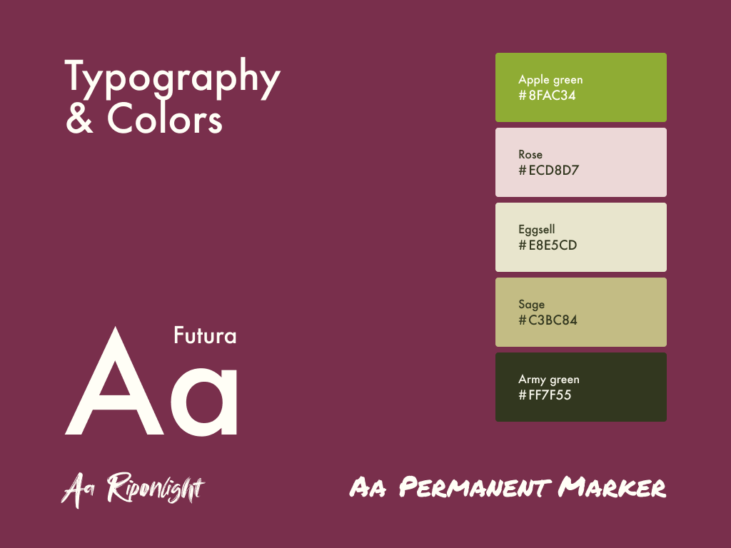 Design system components showing typography, colors, and UI elements